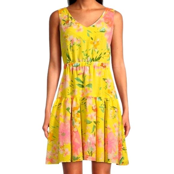 Maison Tara Dress Floral Seersucker Tiered Mini Sleeveless Cut Out Pink Yellow 4 - Picture 2 of 16